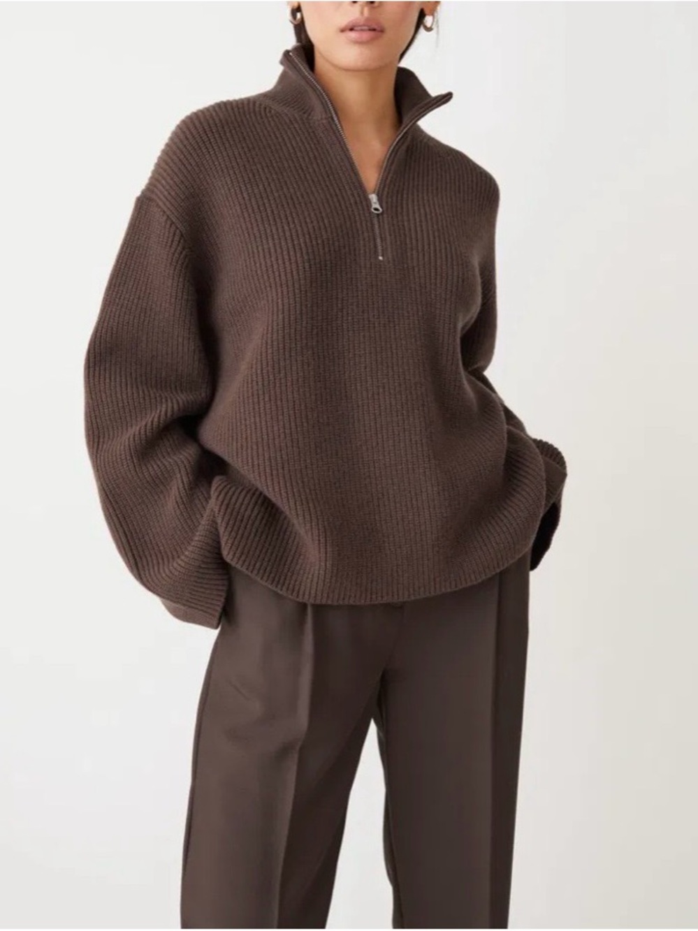 & Other Stories Chocolate Brown Ribbed Half-Zip Sweater size M